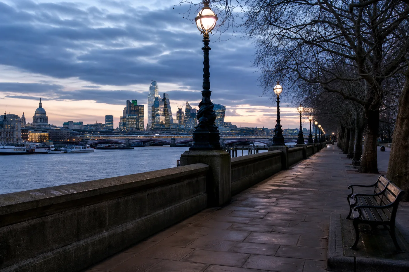 The Thames embankment in lamp light