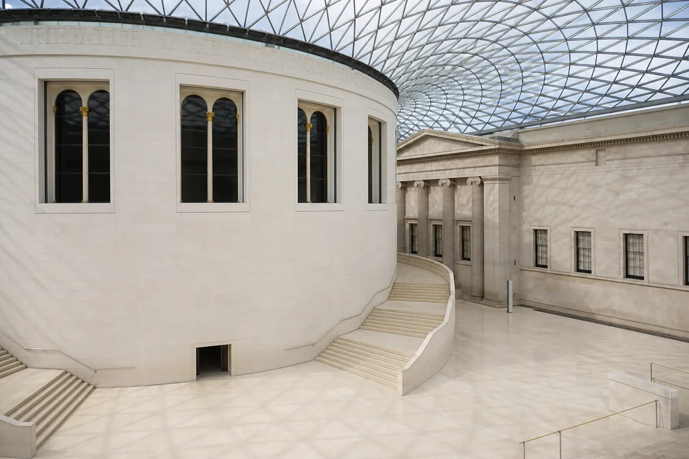 Museum courtyard light on pale stone