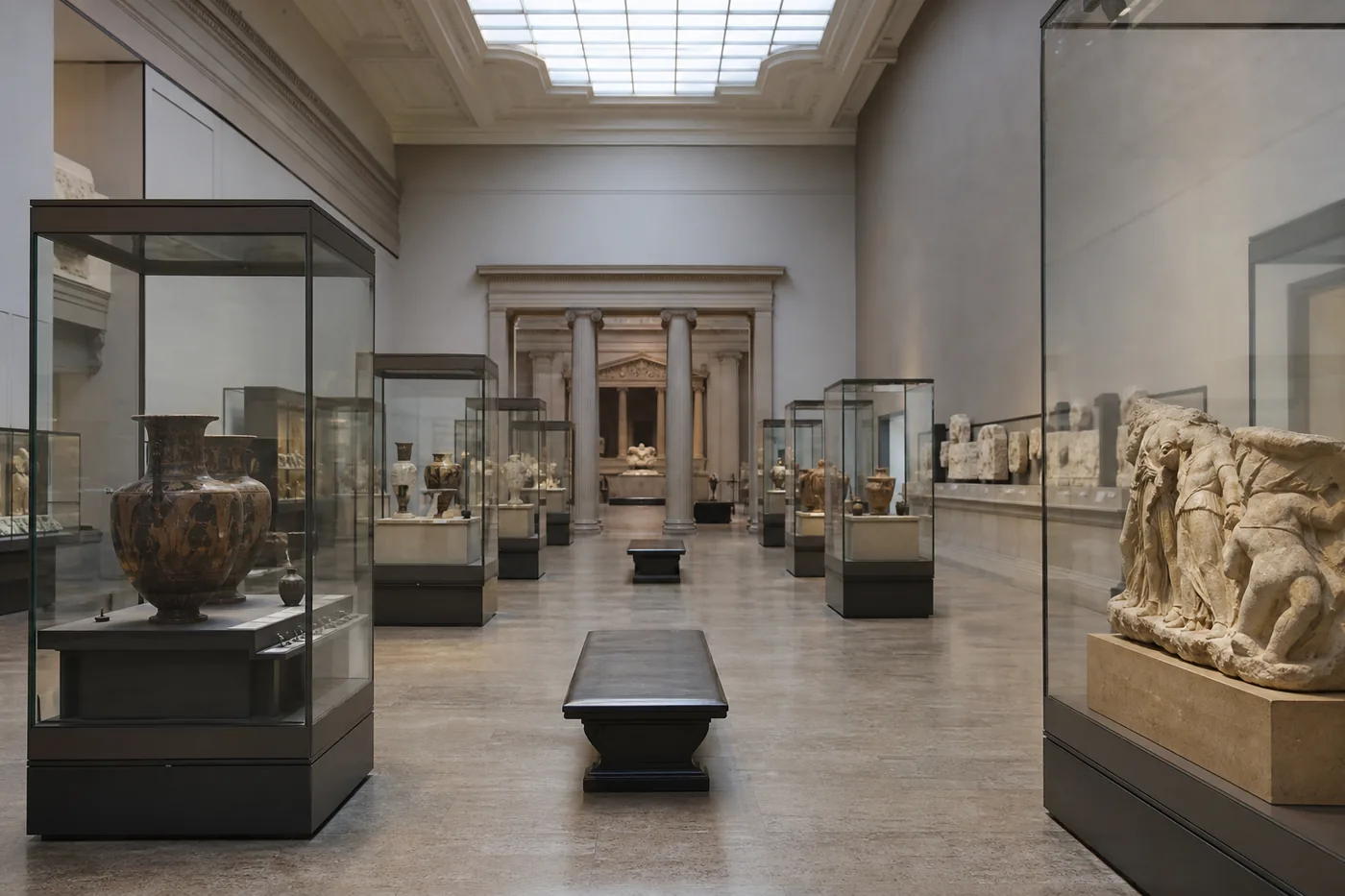 A classical museum gallery under a skylight