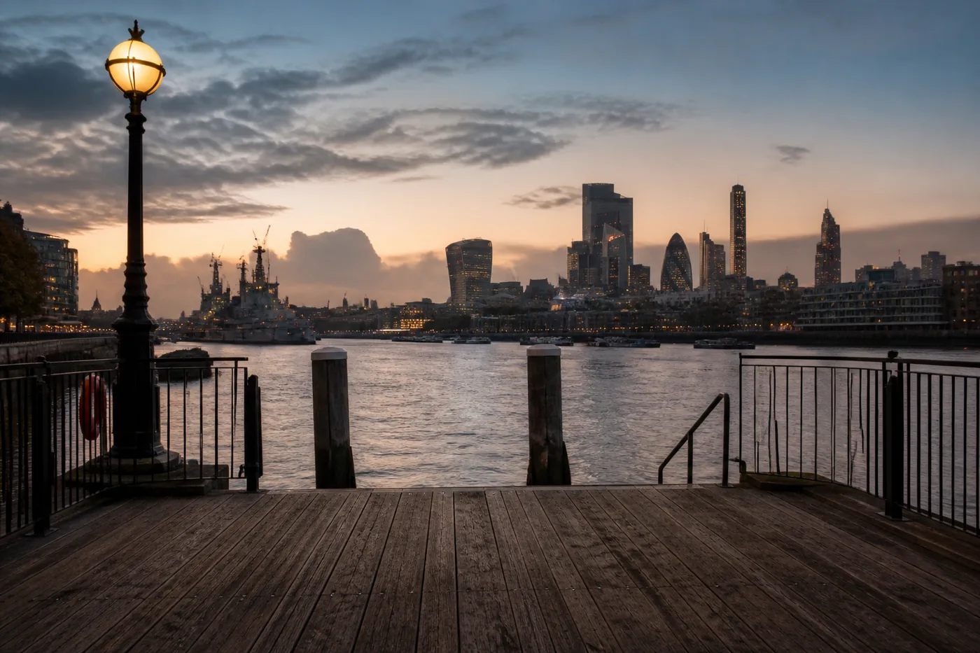 A Thames pier at dusk