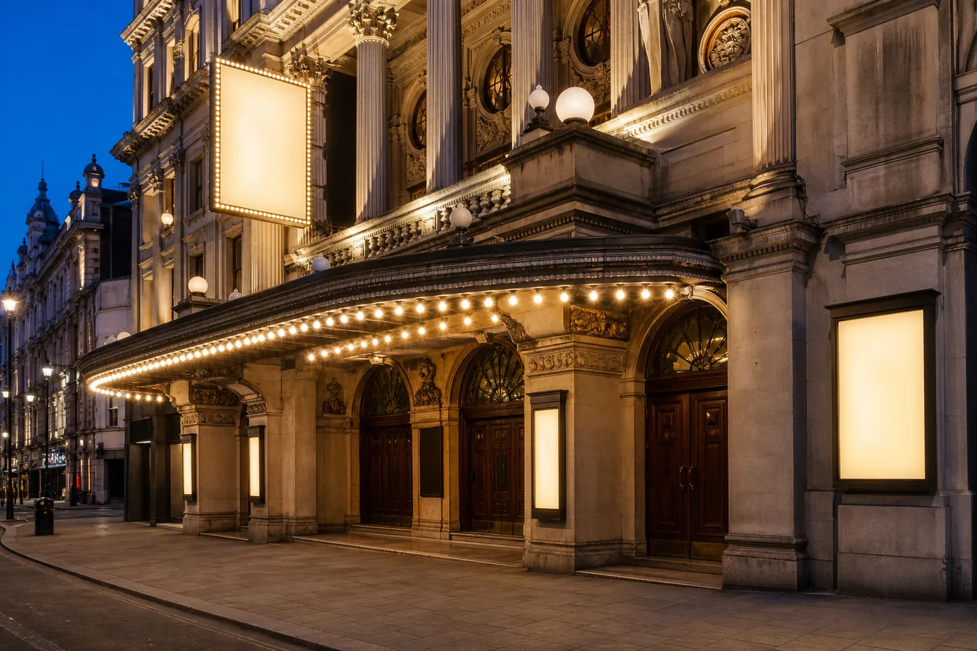 A West End theatre facade after dusk