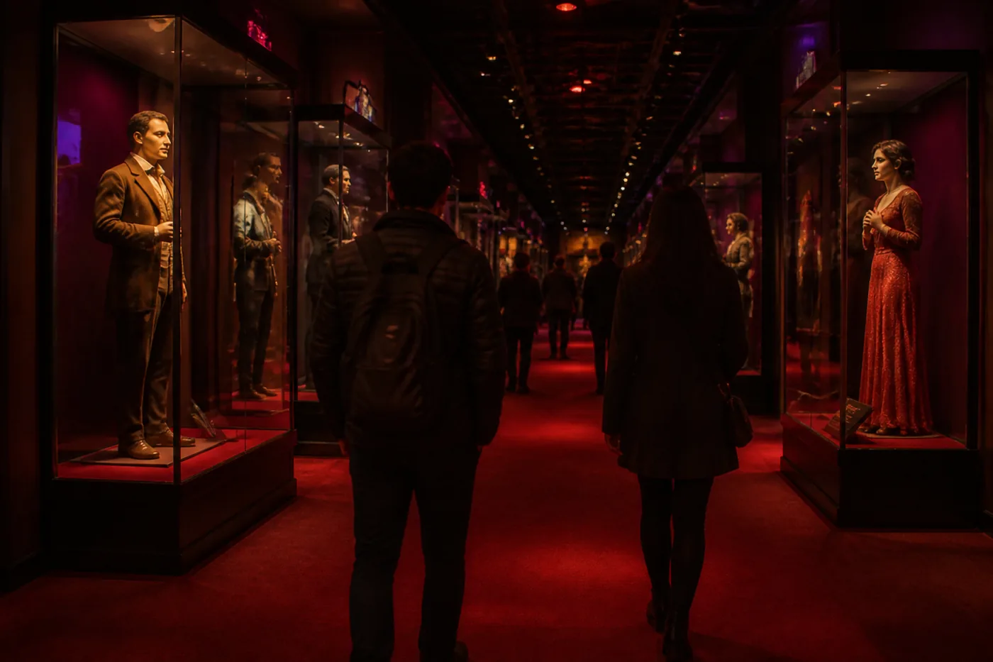A wax-museum corridor under theatrical lamps