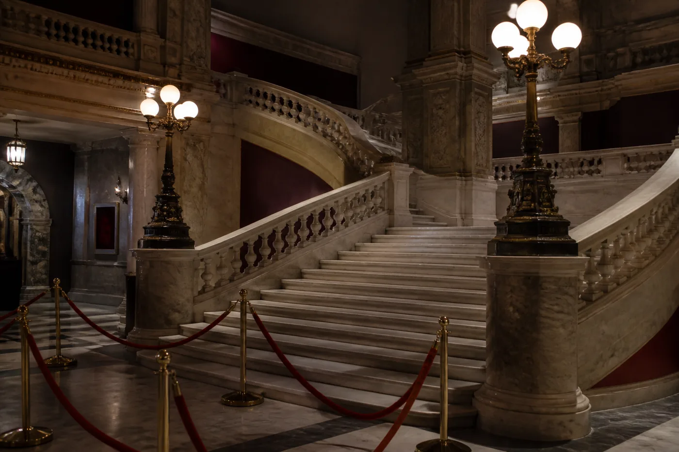 A wax-museum stair with velvet rope