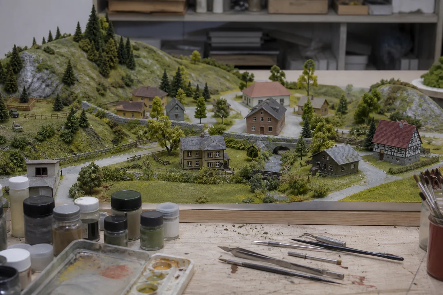 Miniature village on a craft table